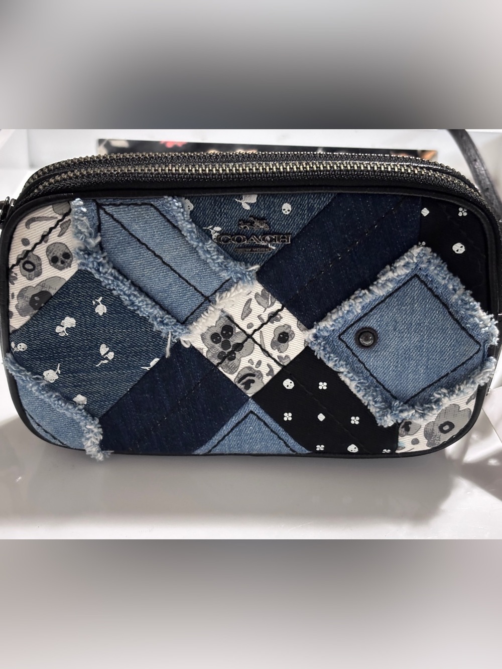 NWT Coach Canyon Quilt Denim Skull Crossbody Clutch